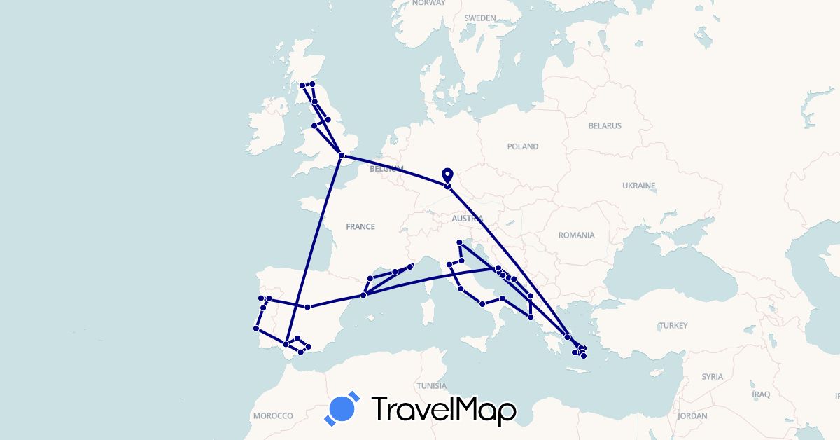 TravelMap itinerary: driving in Albania, Germany, Spain, France, United Kingdom, Greece, Croatia, Italy, Portugal (Europe)